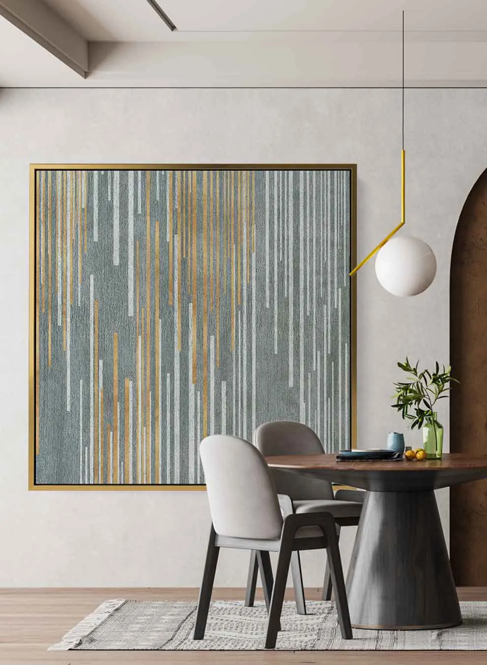 Square Canvas Wall Art Stretched Over Wooden Frame with Gold Floating Frame and Wild Horse Abstract Painting