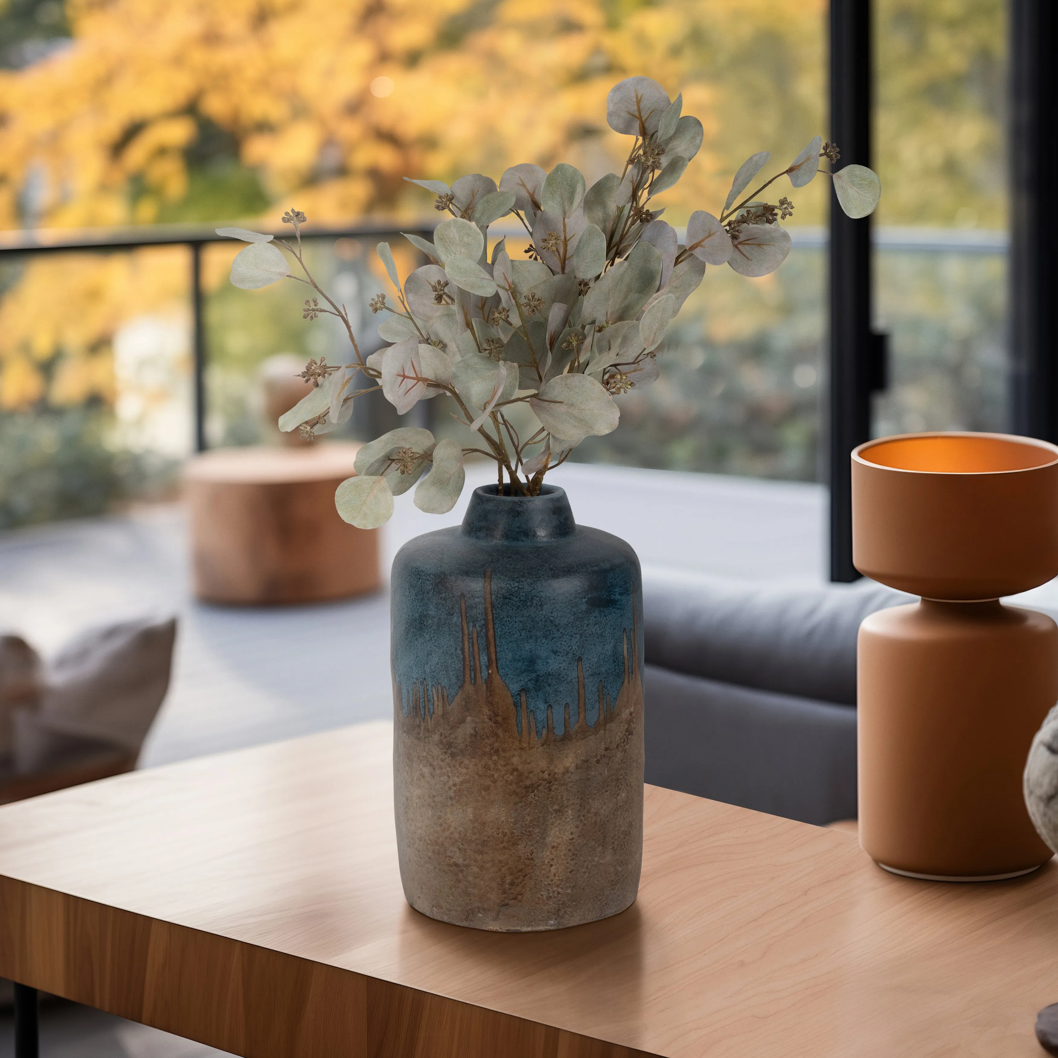 TERRACOTTA, 14"H 2-TONE VASE, BLUE/IVORY