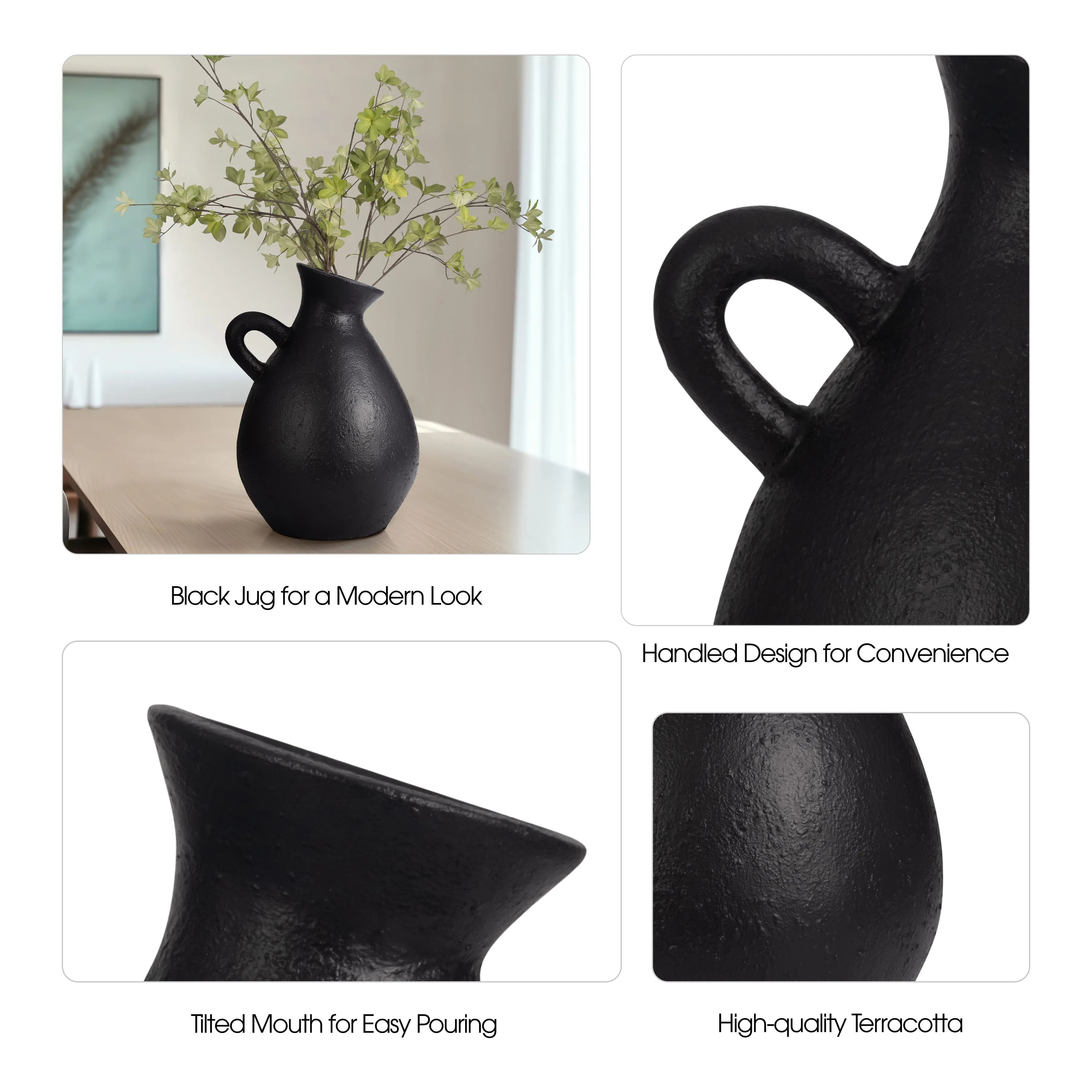 TERRACOTTA, 19" ORGANIC JUG WITH HANDLE, BLACK