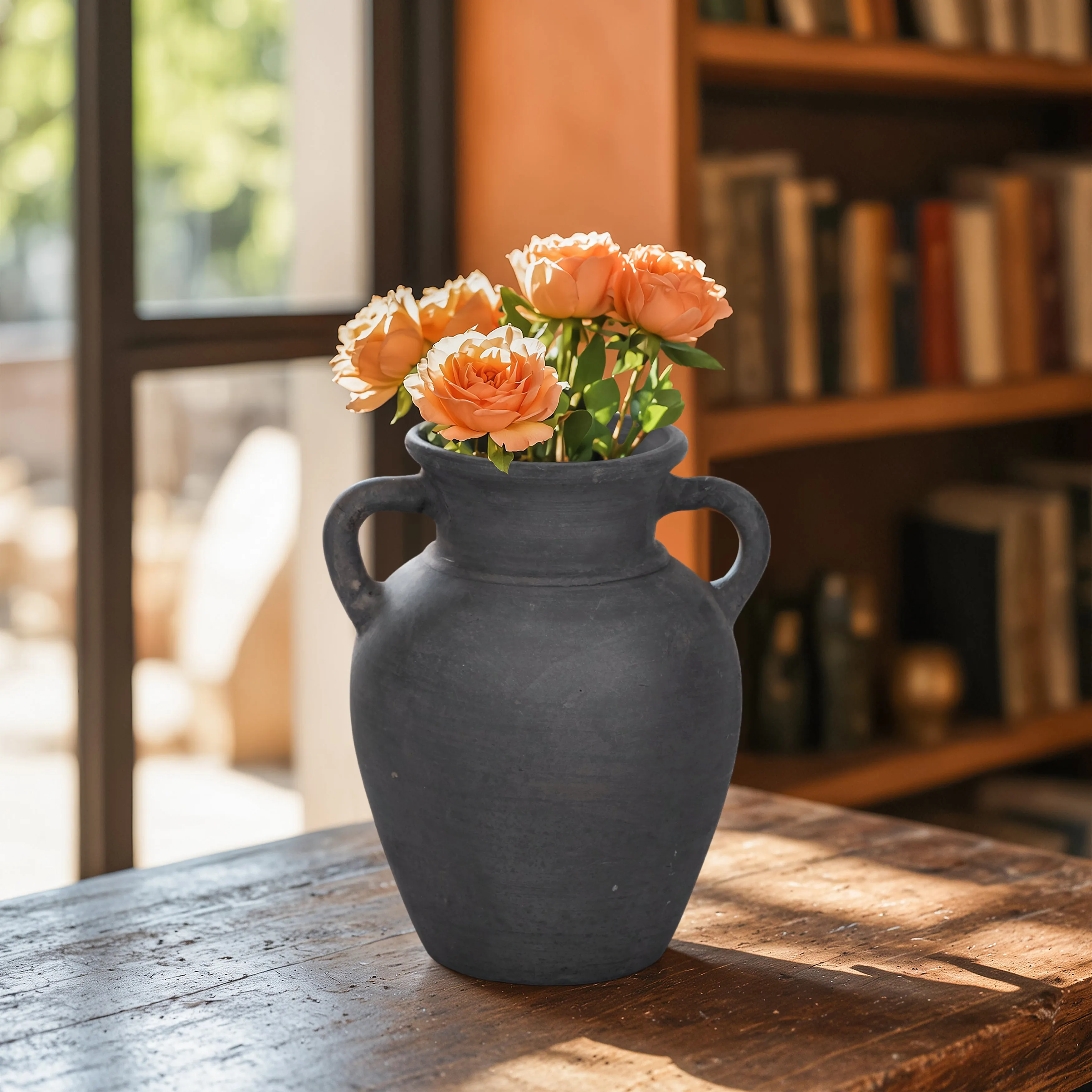 TERRACOTTA, 9" VASE WITH HANDLES, BLACK