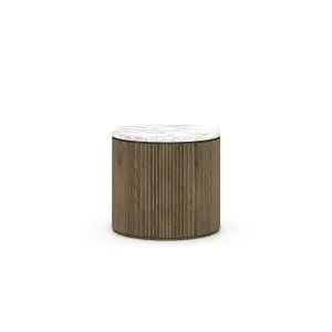 Travertine Top Natural Oak  Round Side Table
