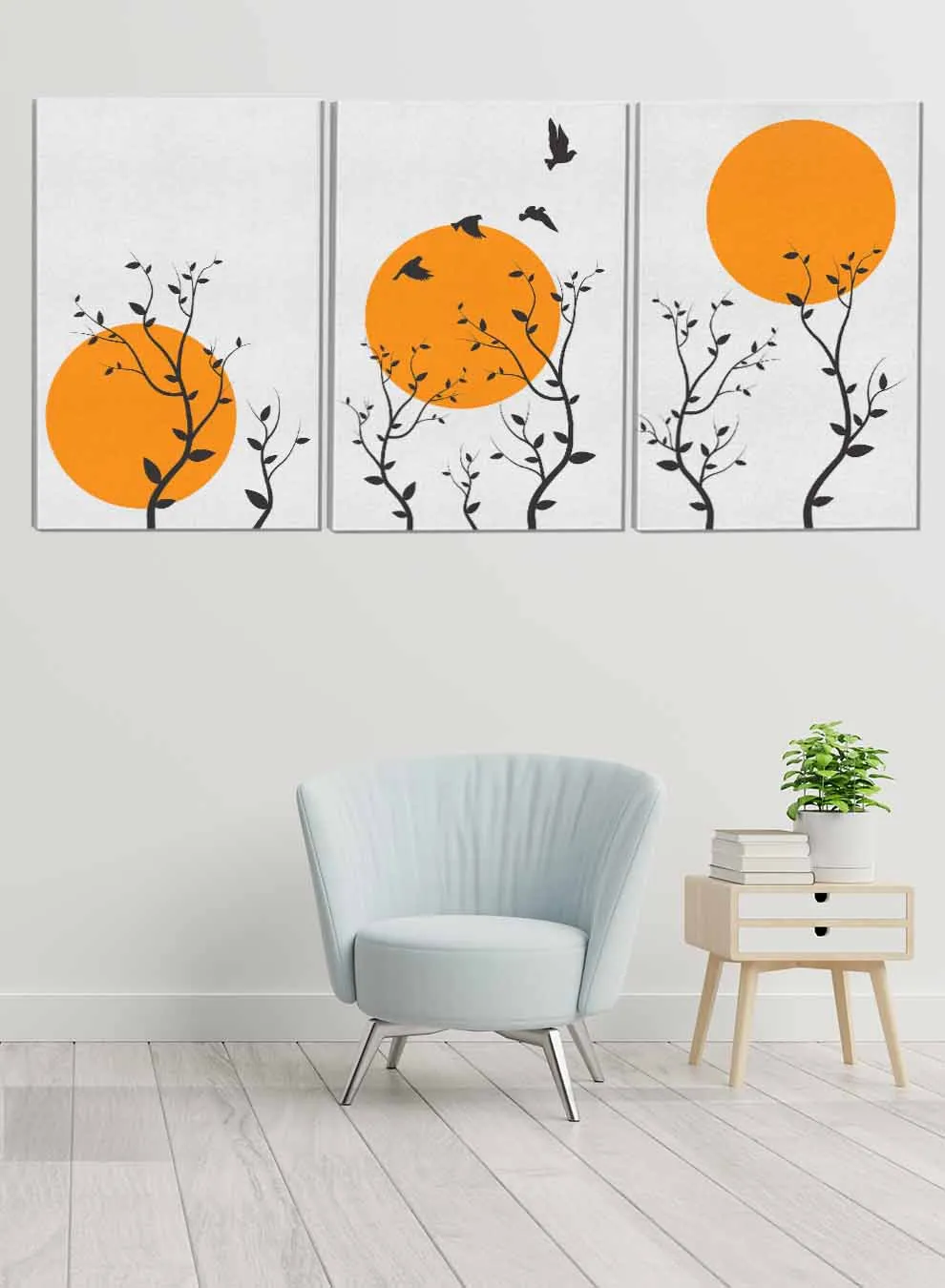 Trees And Flying Birds Sunset Paintings(set of 3)